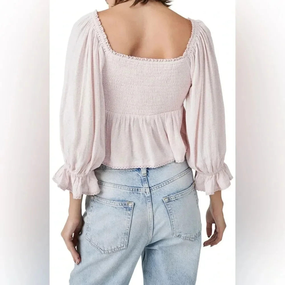 Free People Top Women Small Pink Brittnee Smocked Peplum Shirt Peasant Milkmaid